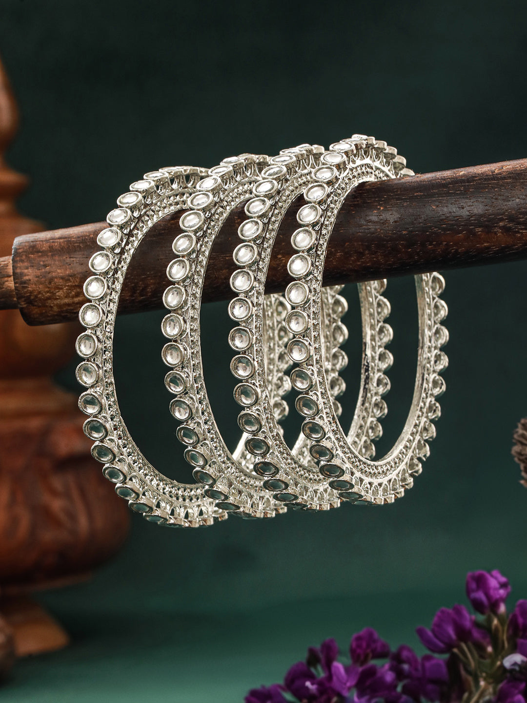 Set Of 4 Silver-Plated Stone-Studded Oxidized Bangles
