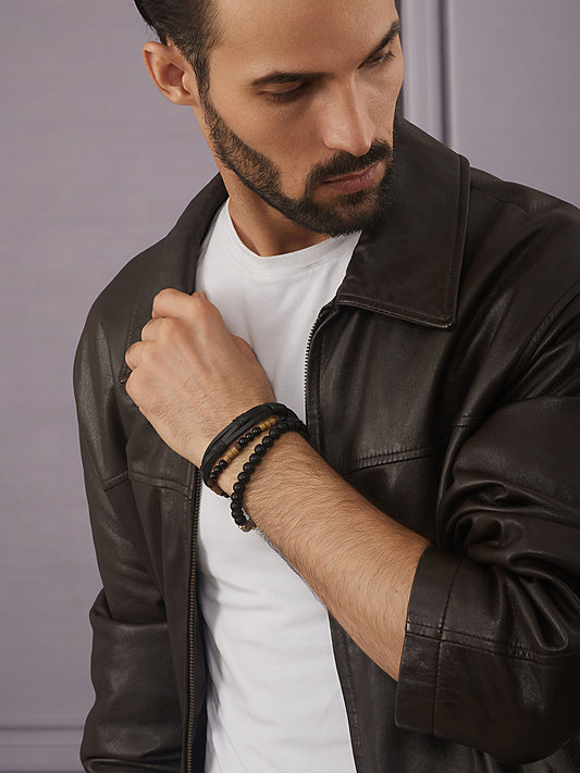 Jazz And Sizzle Men Set of 3 Black Beaded Elasticated & Leather Wraparound Bracelet