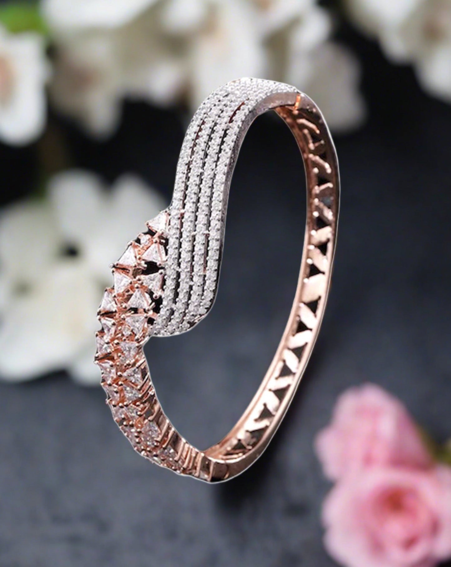 Jazz And Sizzle Rose Gold-Plated CZ Stone-Studded Handcrafted Bangle-Style Bracelet - Jazzandsizzle