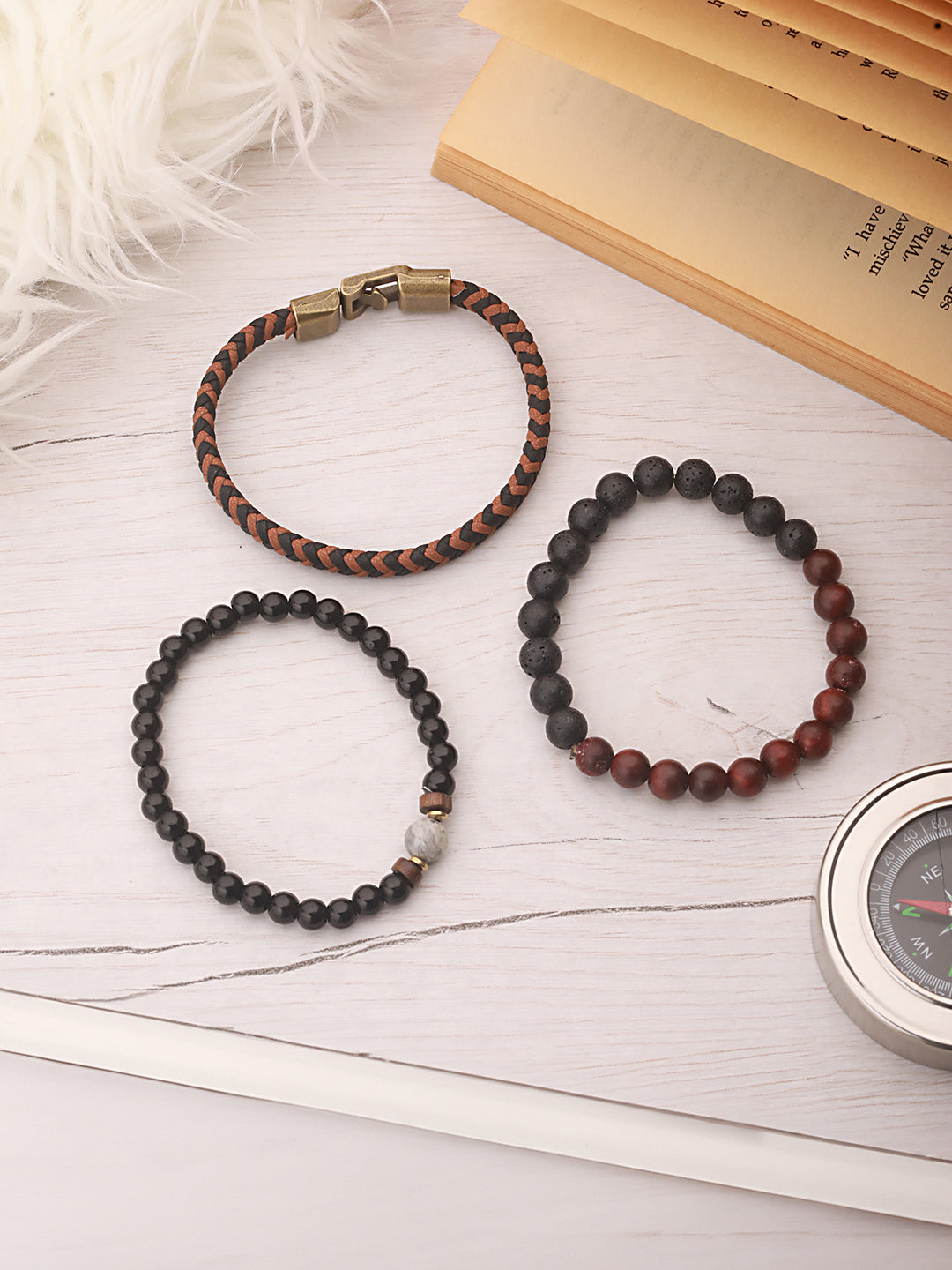 Jazz And Sizzle Men Set of 3 Brown & Black Beads Elasticated & Handcrafted Bracelet