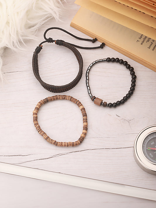 Jazz And Sizzle Men Set of 3 Brown Beaded & Coffee Brown Leather  Bracelet