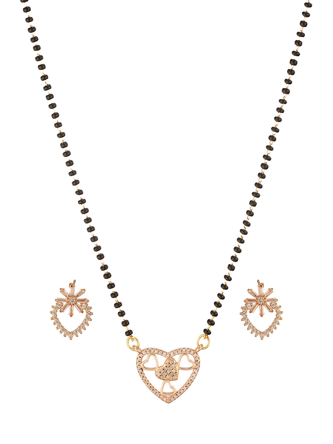 18K Rose Gold-Plated Cubic Zirconia Studded Heart Shaped Mangalsutra Set with Black Beads & Earrings