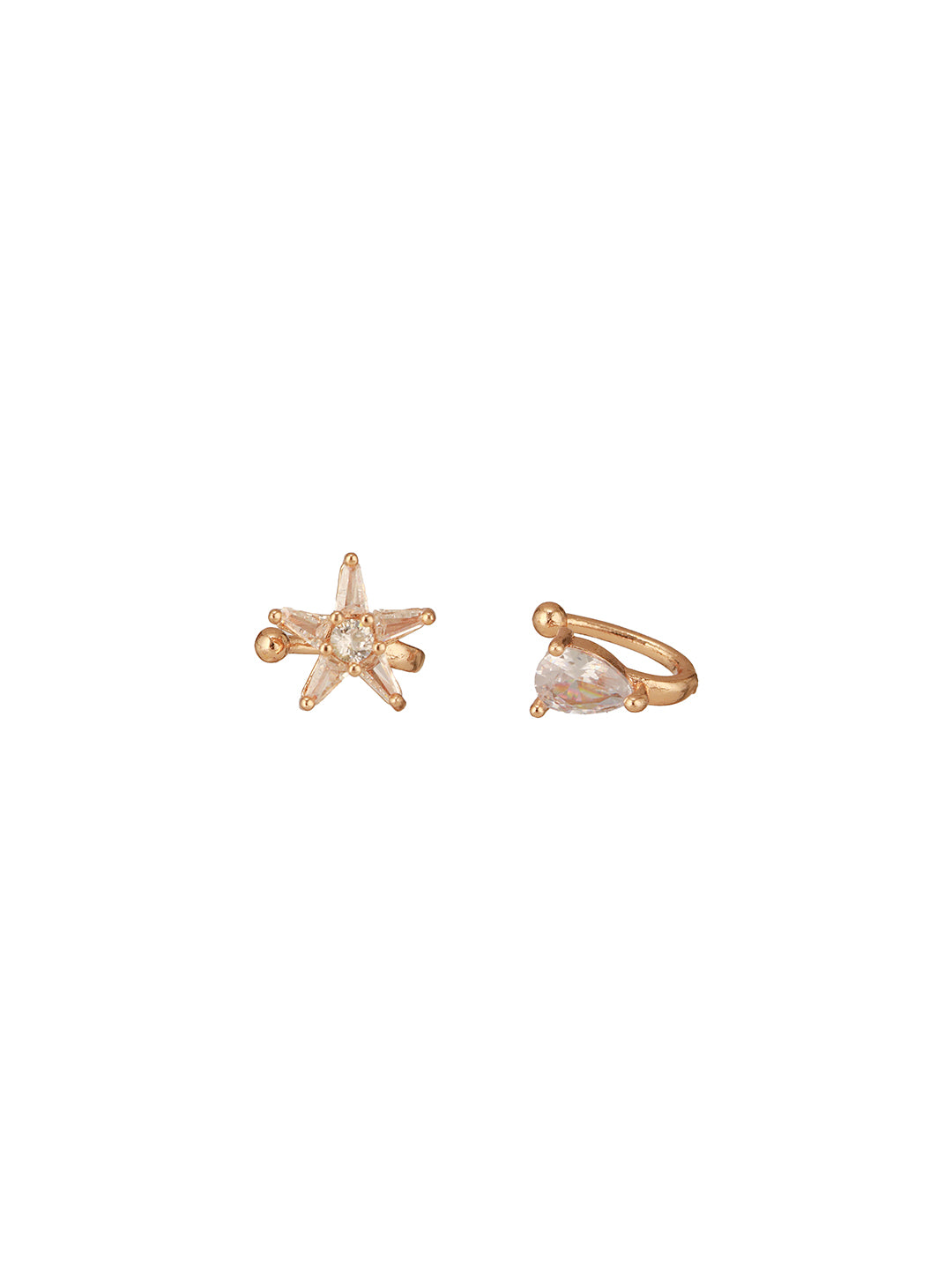 Jazz And Sizzle Set Of 2 Rose Gold Plated & American Diamond Stone Studded Nose Ring (No need of Piercing)