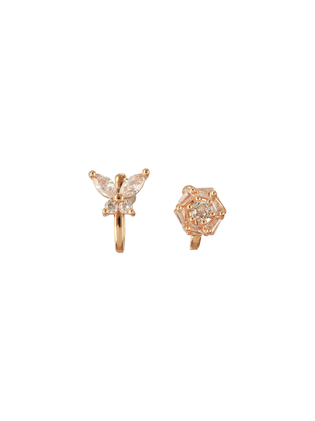 Jazz And Sizzle Set Of 2 Rose Gold Plated & American Diamond Stone Studded Nose Ring (No need of Piercing)