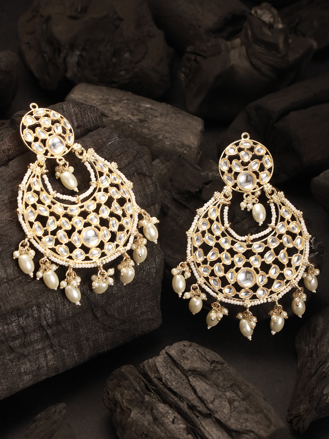 Gold-Plated Kundan Studded & Beaded Chandbalis Earrings