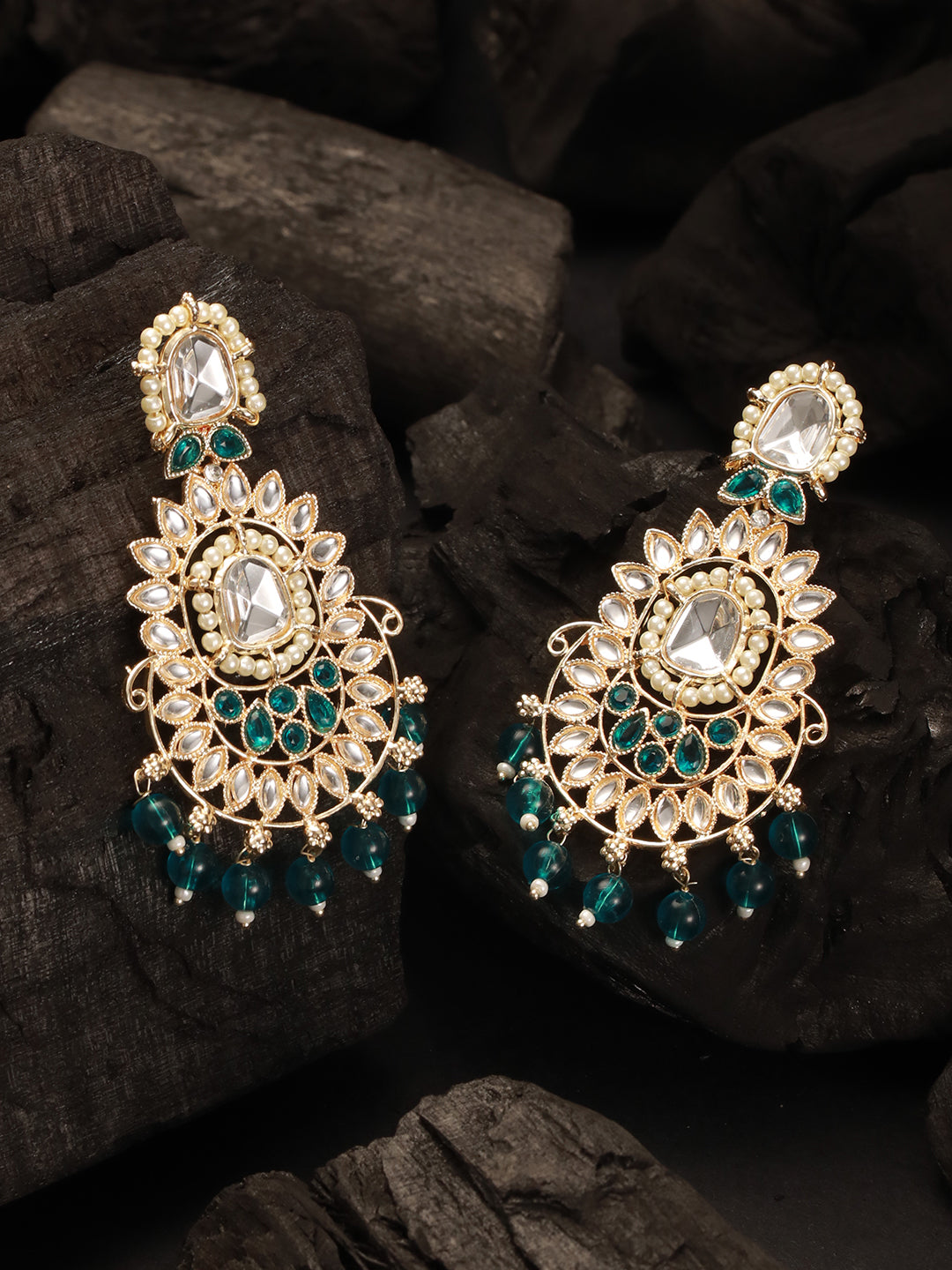Gold Plated Green &White Kundan Studded & Beaded Drop Earrings