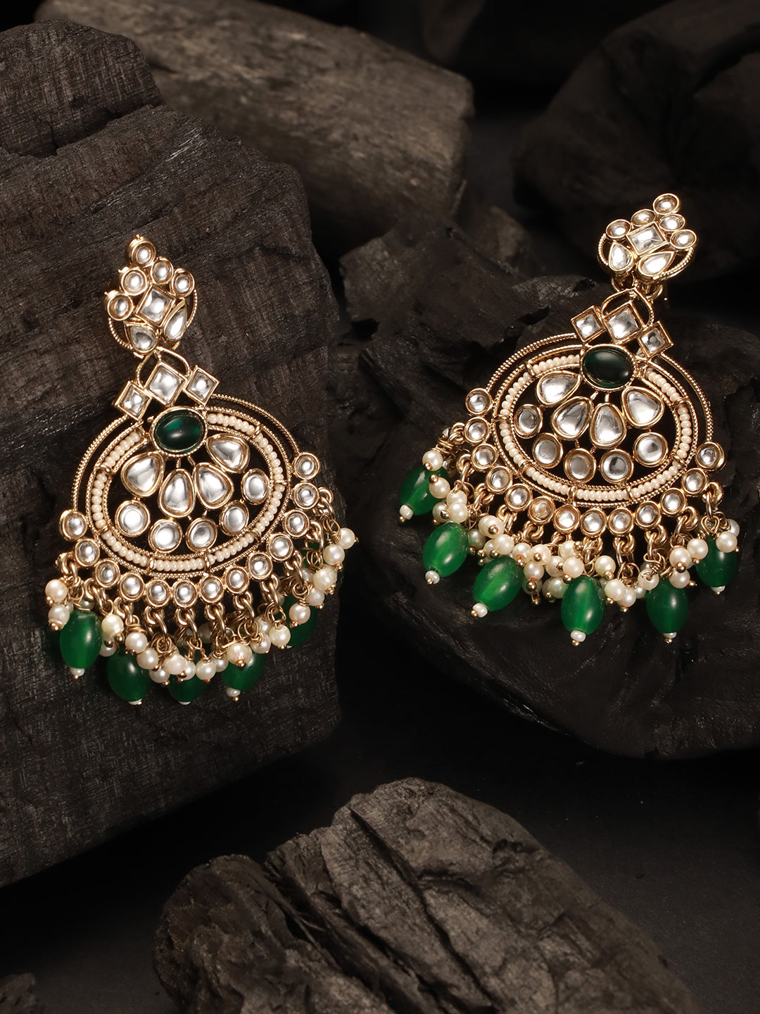 Jazz And Sizzle Green & White Kundan Studded Gold-Plated Classic Chandbalis Earrings