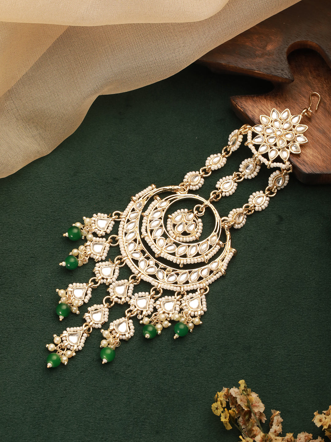 Gold-Plated Green Kundan Studded & Beaded Crescent Shaped Jhumar Passa
