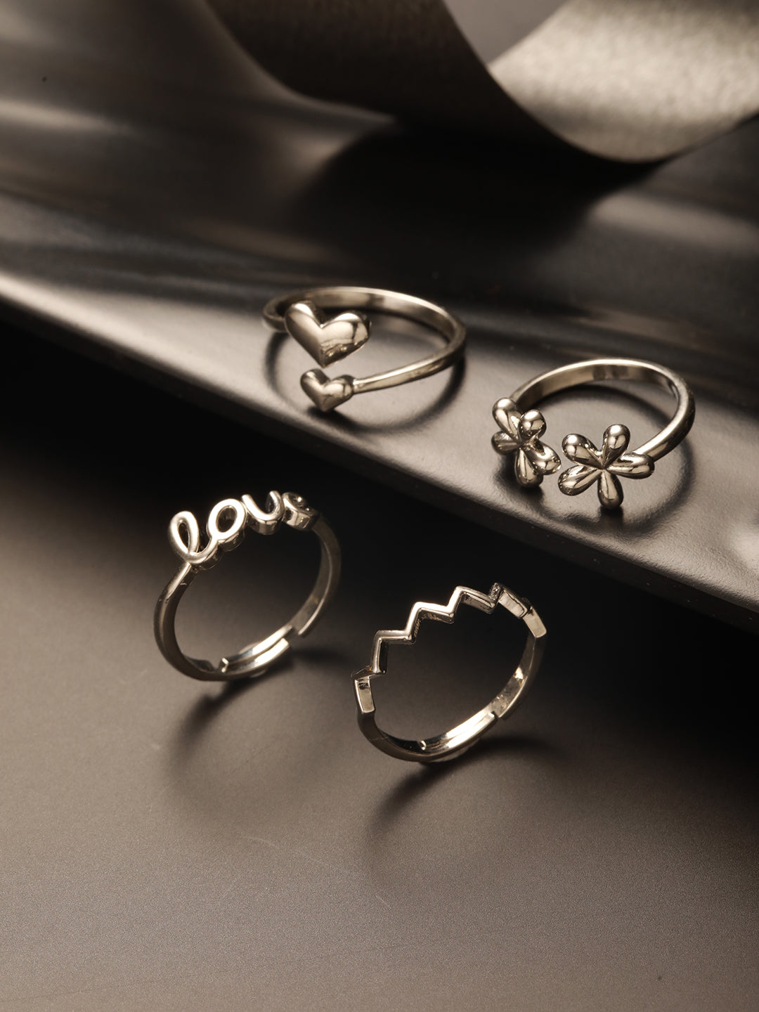 Jazz and Sizzle Set Of 4 Silver Plated Adjustable Finger Ring