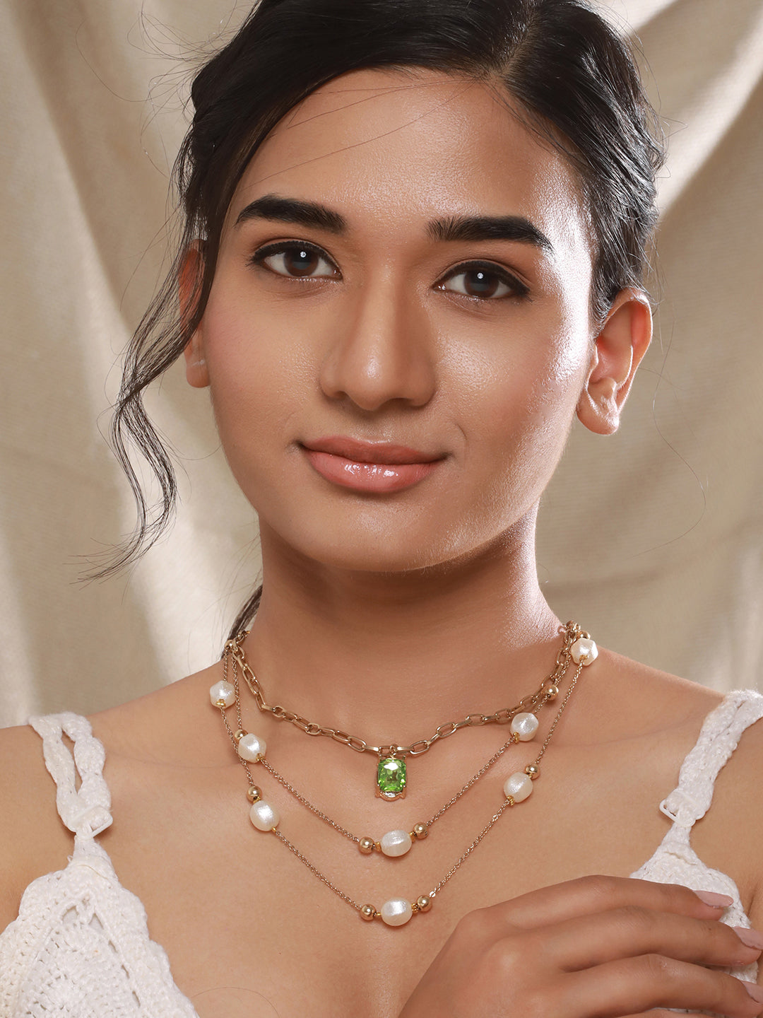 Gold-Plated Layered Pearl Chain Necklace with Green Stone Pendant