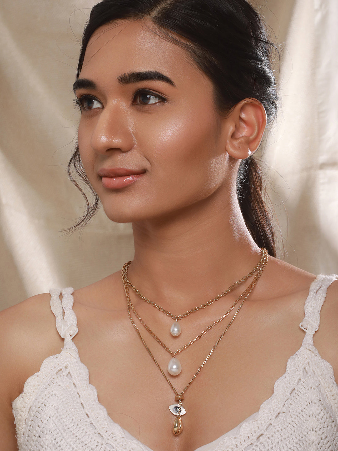 Gold-Plated Layered Pearl Chain Necklace with Evil Eye & Shell Charms