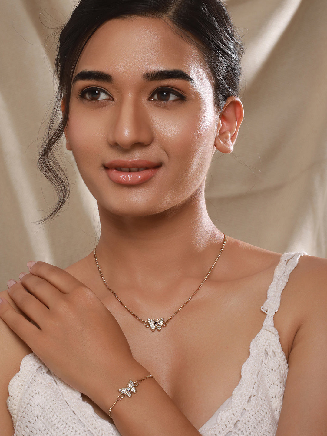 Jazz and Sizzle Gold-Plated Cubic Zirconia Studded Butterfly Jewellery Set