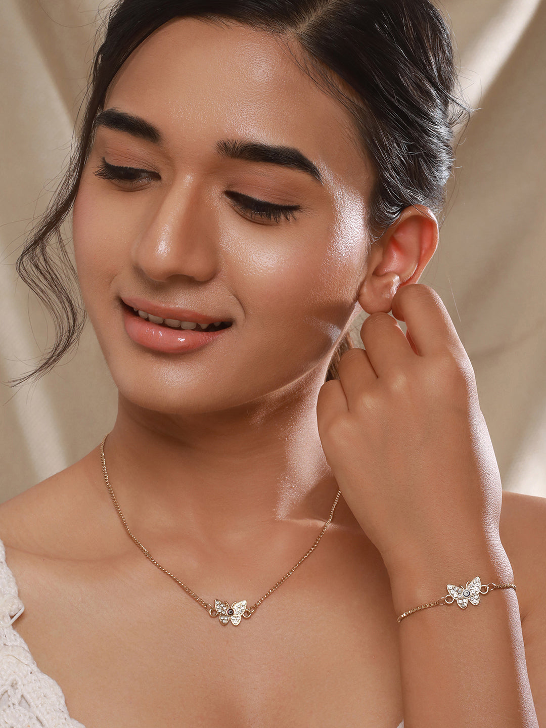 Jazz and Sizzle Gold-Plated Cubic Zirconia Studded Butterfly Jewellery Set