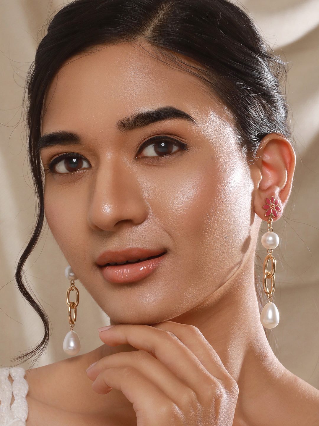 Jazz And Sizzle Pink Floral Pearl Beaded Drop Earrings