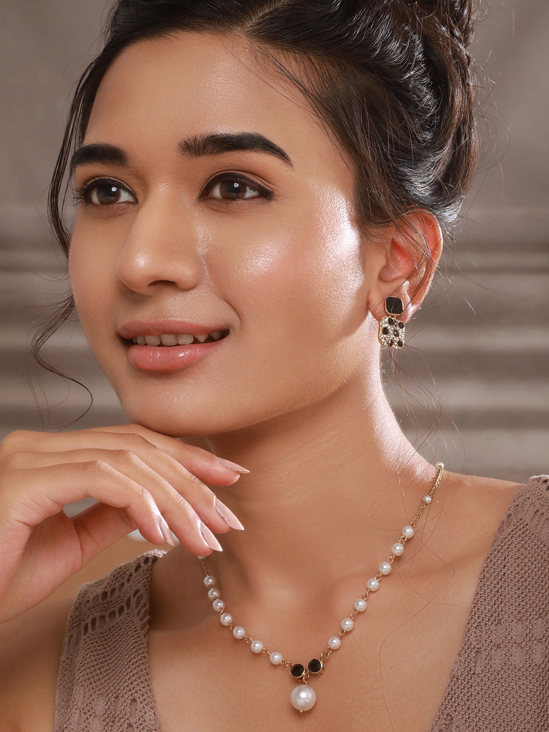 Jazz And Sizzle Gold-Plated Pearl Studded Necklace & Earrings Set