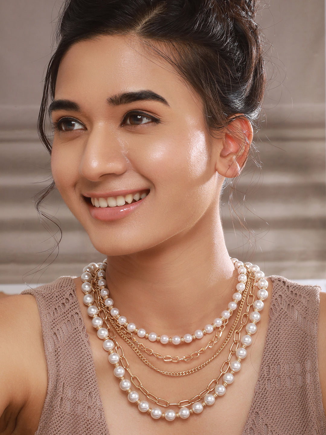 Jazz And Sizzle Pearl Beaded Multi-Layer Gold Chain Necklace