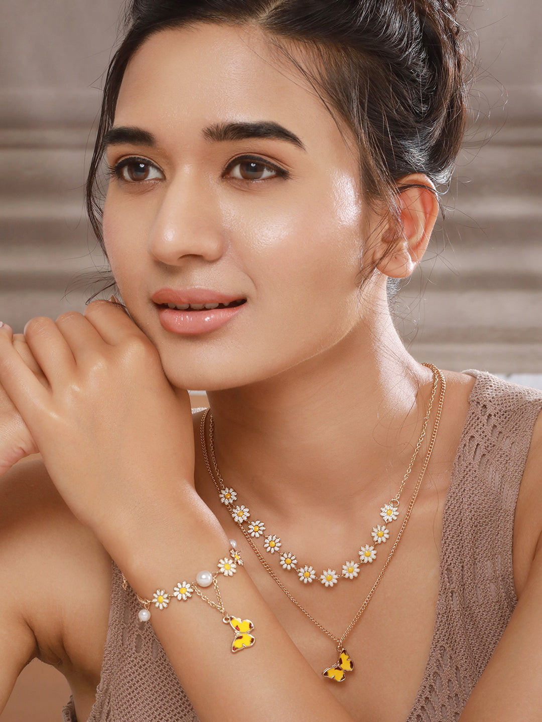 Jazz And Sizzle Set Of 2 Gold-Plated Floral & Butterfly Motif Necklace Chain & Bracelet