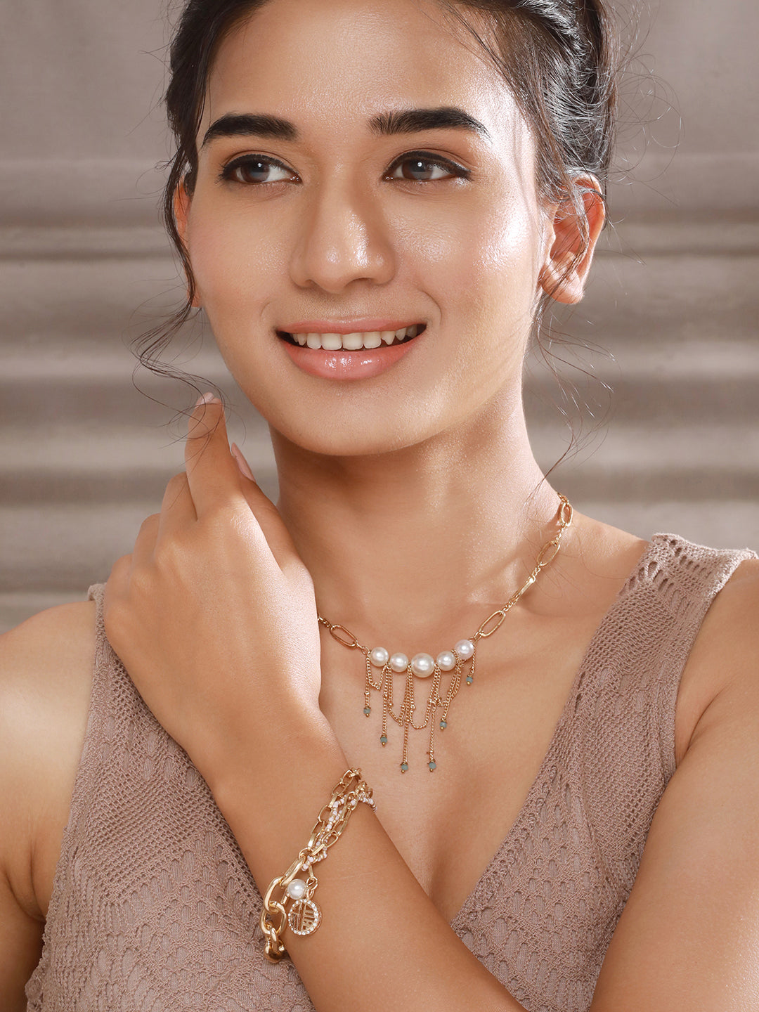 Jazz and Sizzle Gold-Plated Stones-Studded & Pearl Beaded Jewellery Set