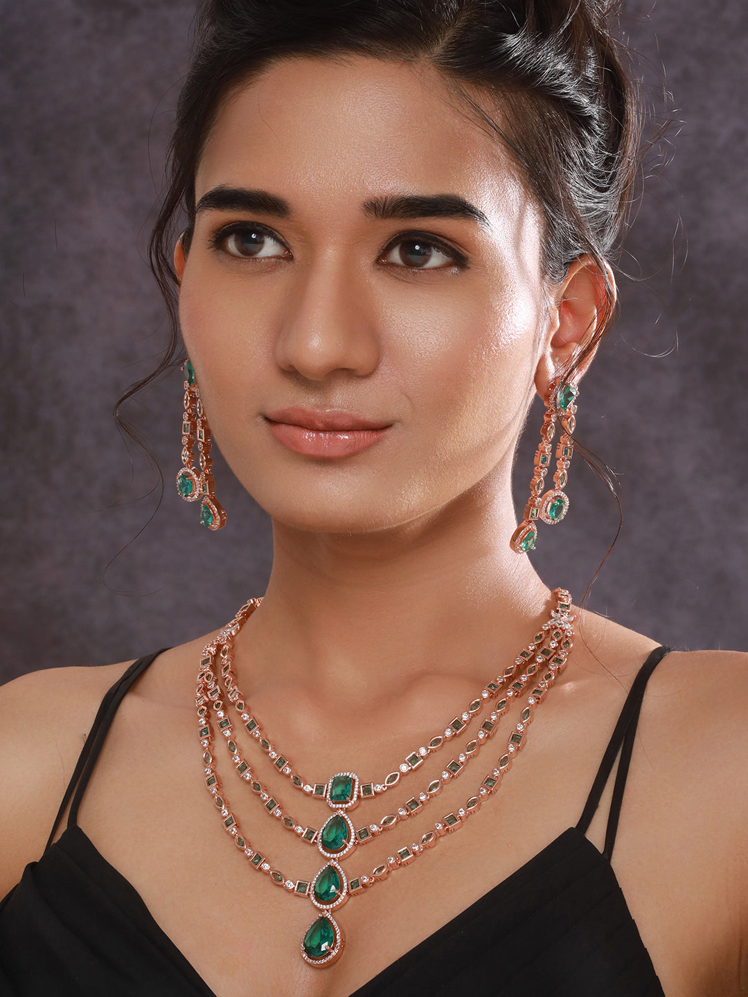 Jazz And Sizzle Rosegold-Plated Mint Green American Diamond Studded Handcrafted Jewellery Set