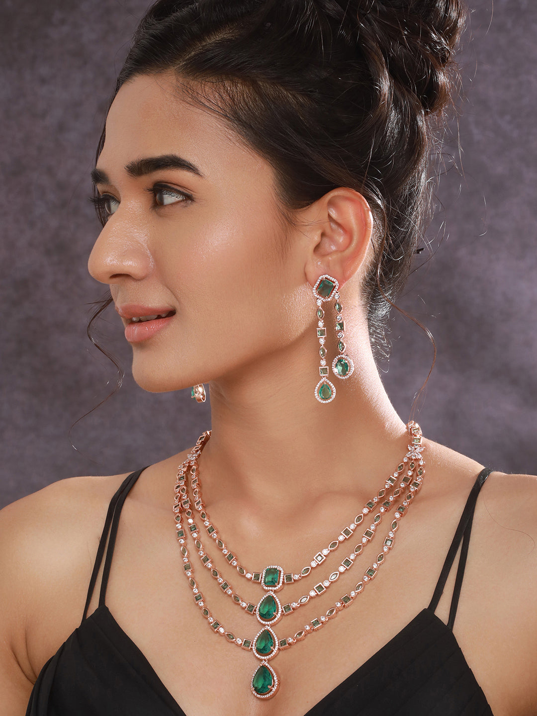 Jazz And Sizzle Rosegold-Plated Mint Green American Diamond Studded Handcrafted Jewellery Set