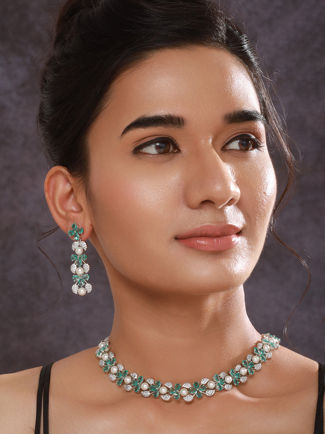 Jazz And Sizzle  Rhodium -Plated Mint Green American Diamond Studded Handcrafted Jewellery Set