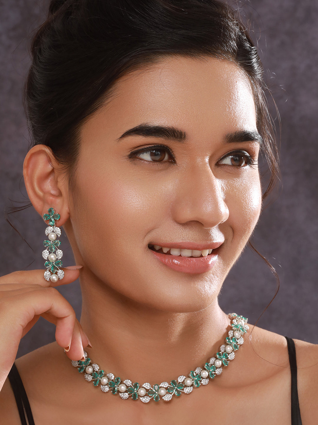 Jazz And Sizzle  Rhodium -Plated Mint Green American Diamond Studded Handcrafted Jewellery Set