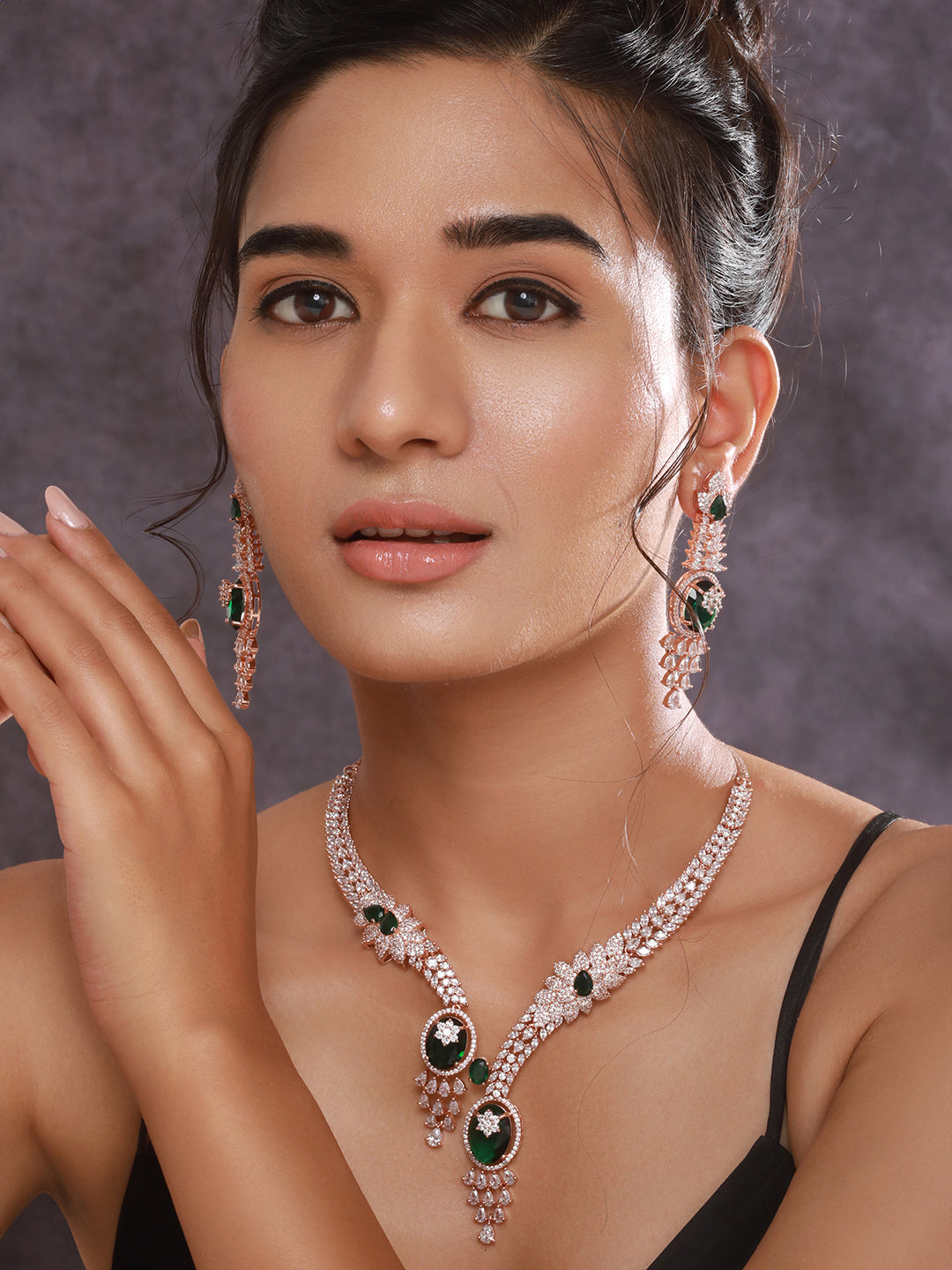 Jazz And Sizzle Rosegold-Plated Emarald Green American Diamond Studded Handcrafted Jewellery Set