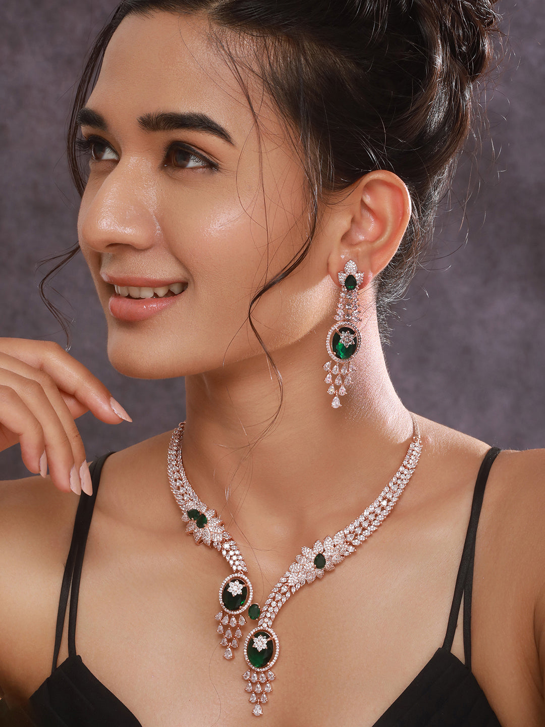 Jazz And Sizzle Rosegold-Plated Emarald Green American Diamond Studded Handcrafted Jewellery Set (Copy)