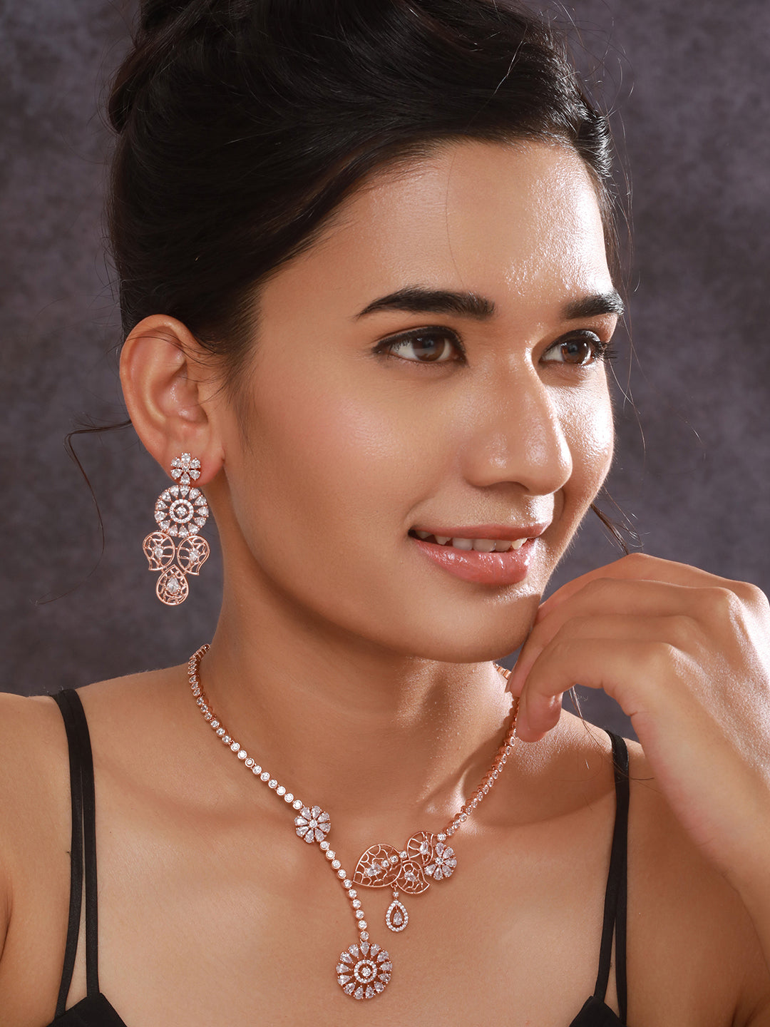 Jazz And Sizzle Rosegold-Plated American Diamond Studded Floral Contemporary Jewellery Set