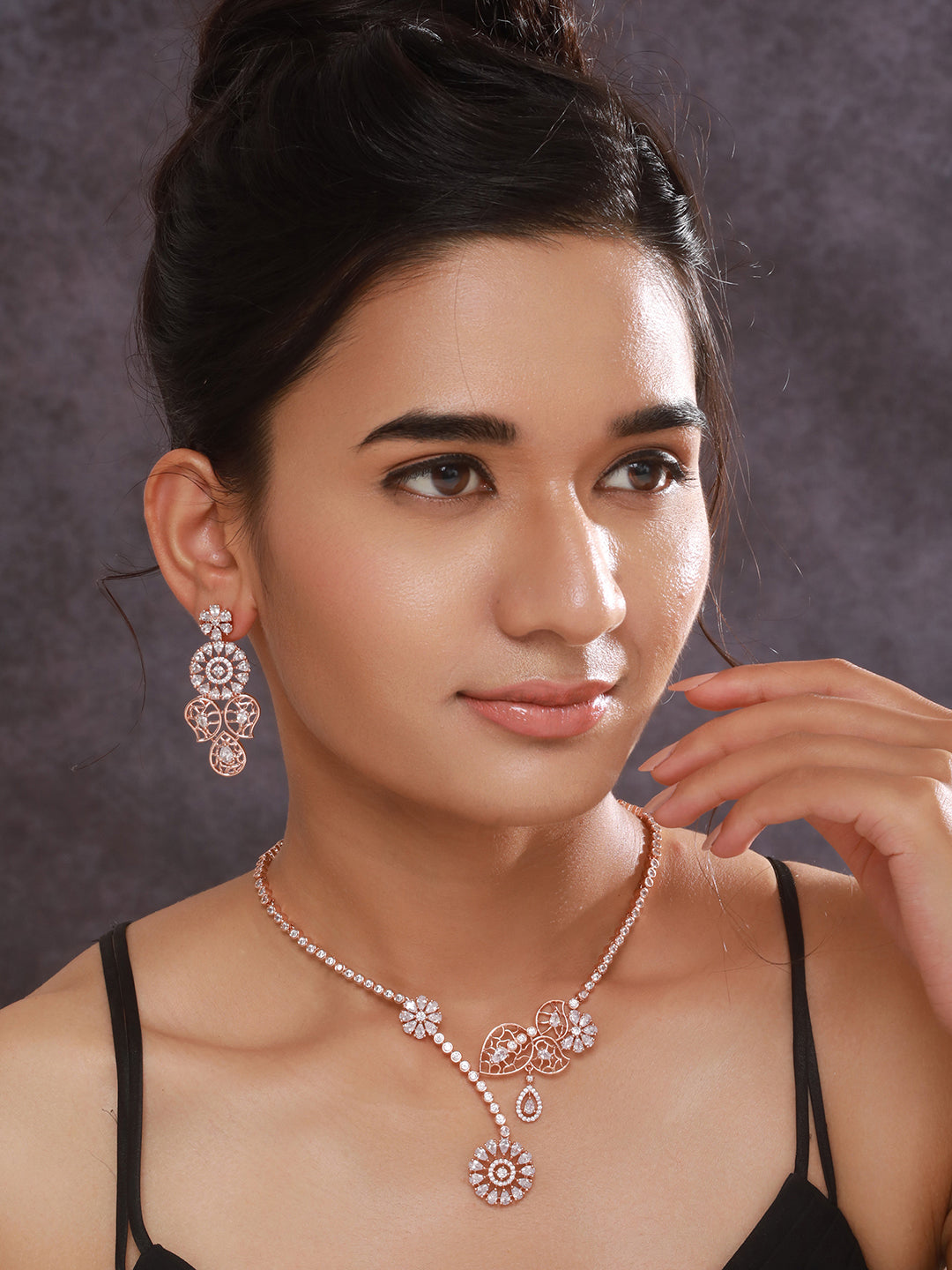 Jazz And Sizzle Rosegold-Plated American Diamond Studded Floral Contemporary Jewellery Set