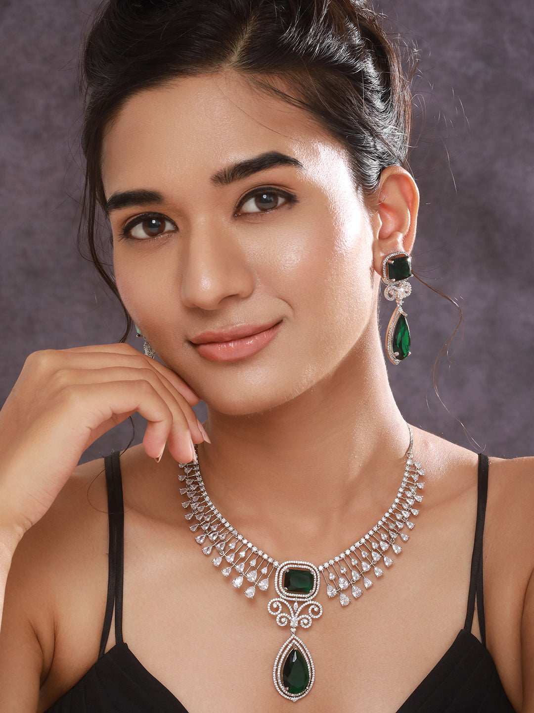 Jazz And Sizzle Rhodium-Plated Green American Diamonds-Studded Handcrafted Jewellery Set