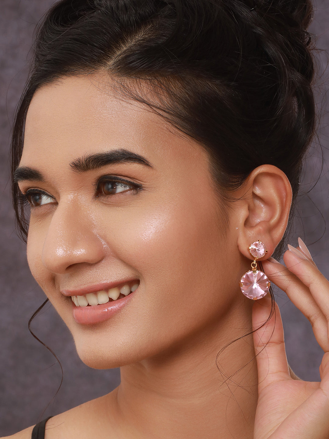 Jazz And Sizzle Set Of 2 Gold Plated Pink & Off White Stone Studded Tear Drop Earrings