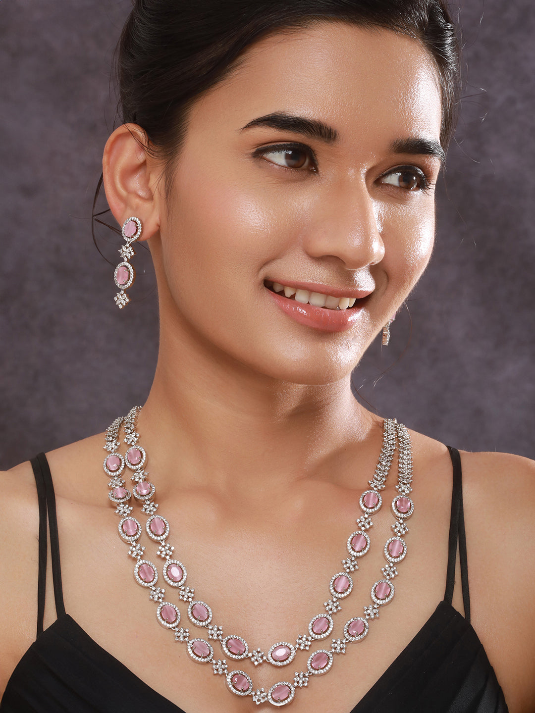 Jazz And Sizzle Rhodium-Plated PINK Ad-Studded Layered Jewelry Set