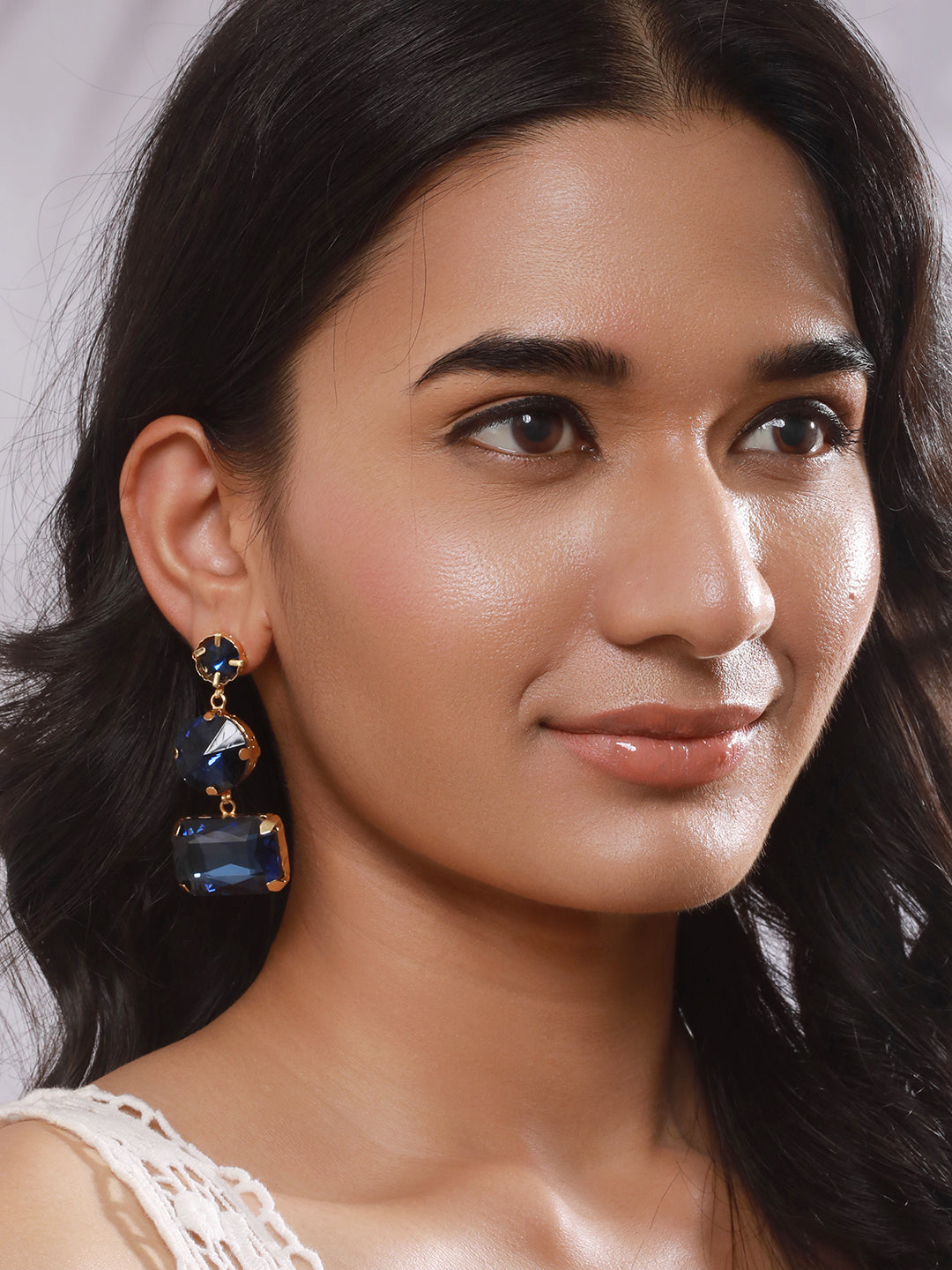 Jazz And Sizzle Gold Plated Contemporary Blue Stone Studded Drop Earrings