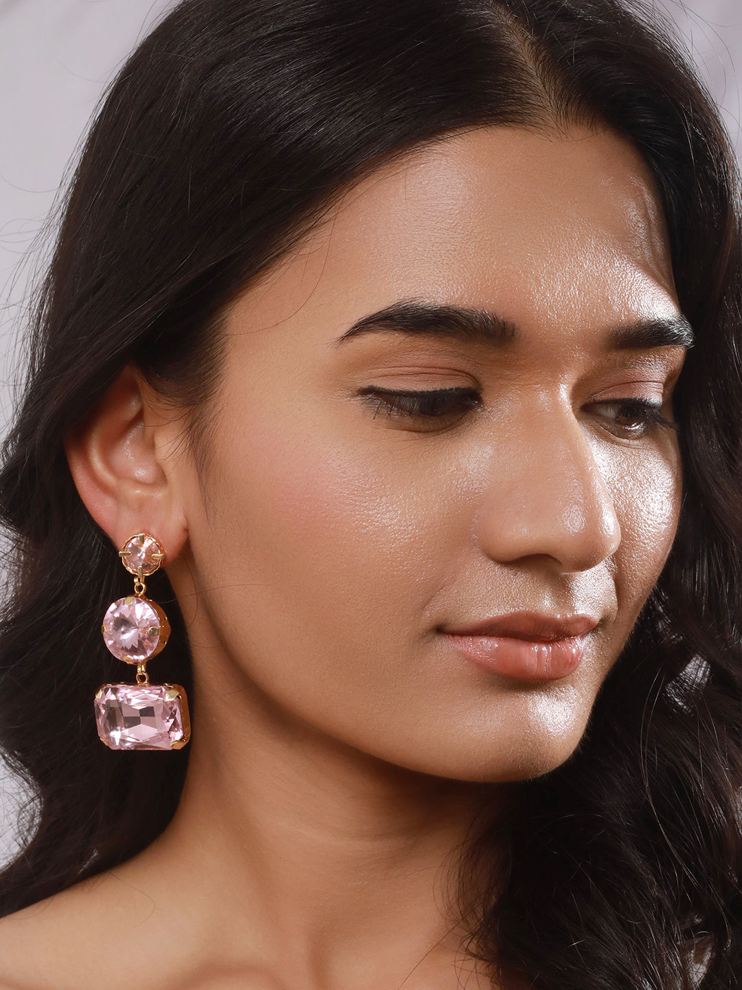 Jazz And Sizzle Gold Plated Pink Stone Studded Contemporary Drop Earrings