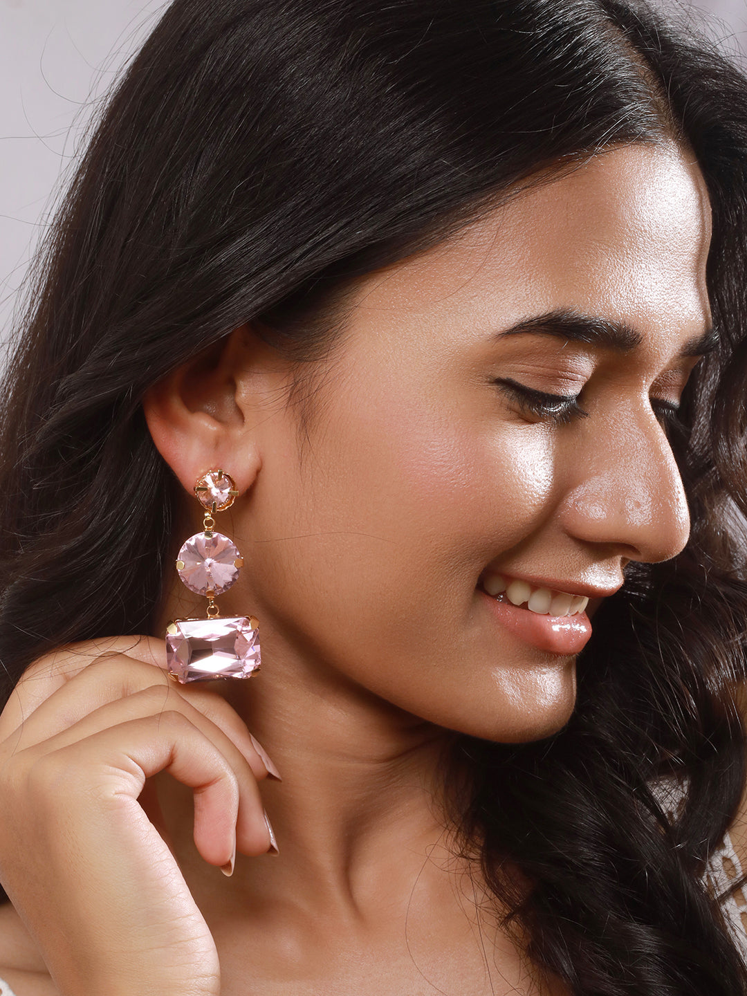 Jazz And Sizzle Gold Plated Pink Stone Studded Contemporary Drop Earrings