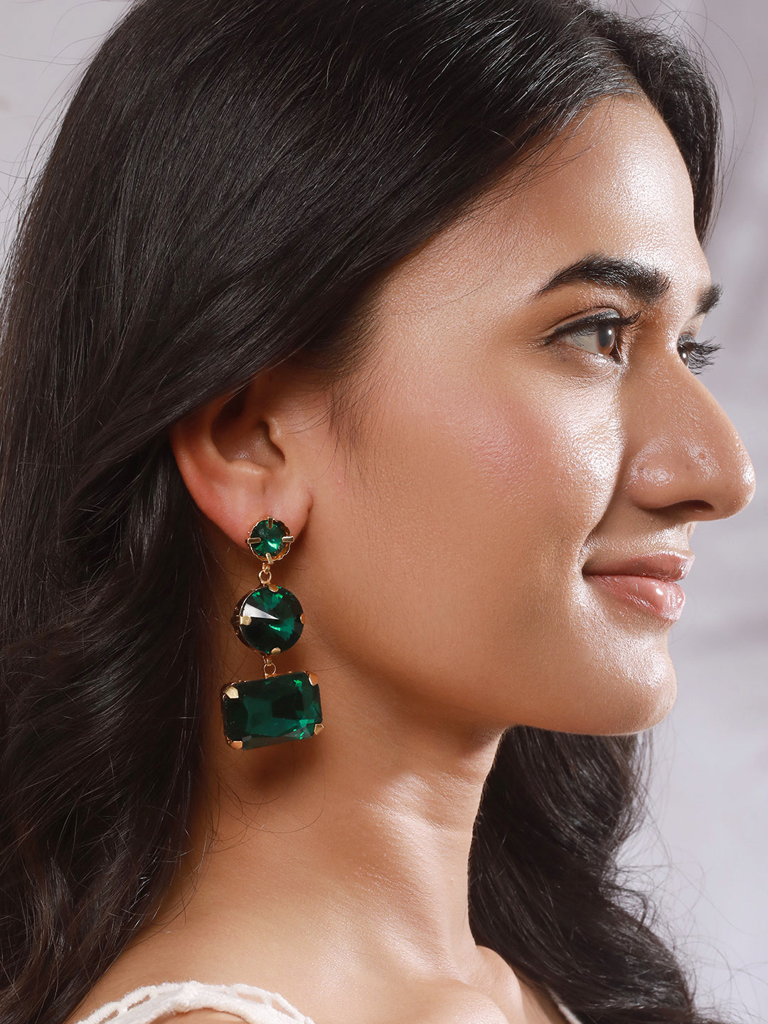 Jazz And Sizzle Gold Plated Contemporary Stone Green Studded Drop Earrings