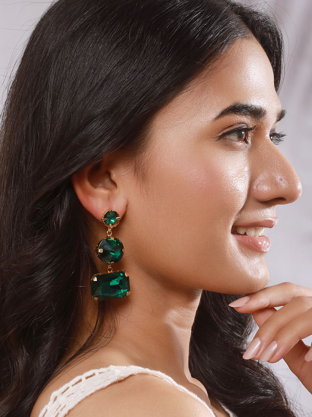 Jazz And Sizzle Gold Plated Contemporary Stone Green Studded Drop Earrings