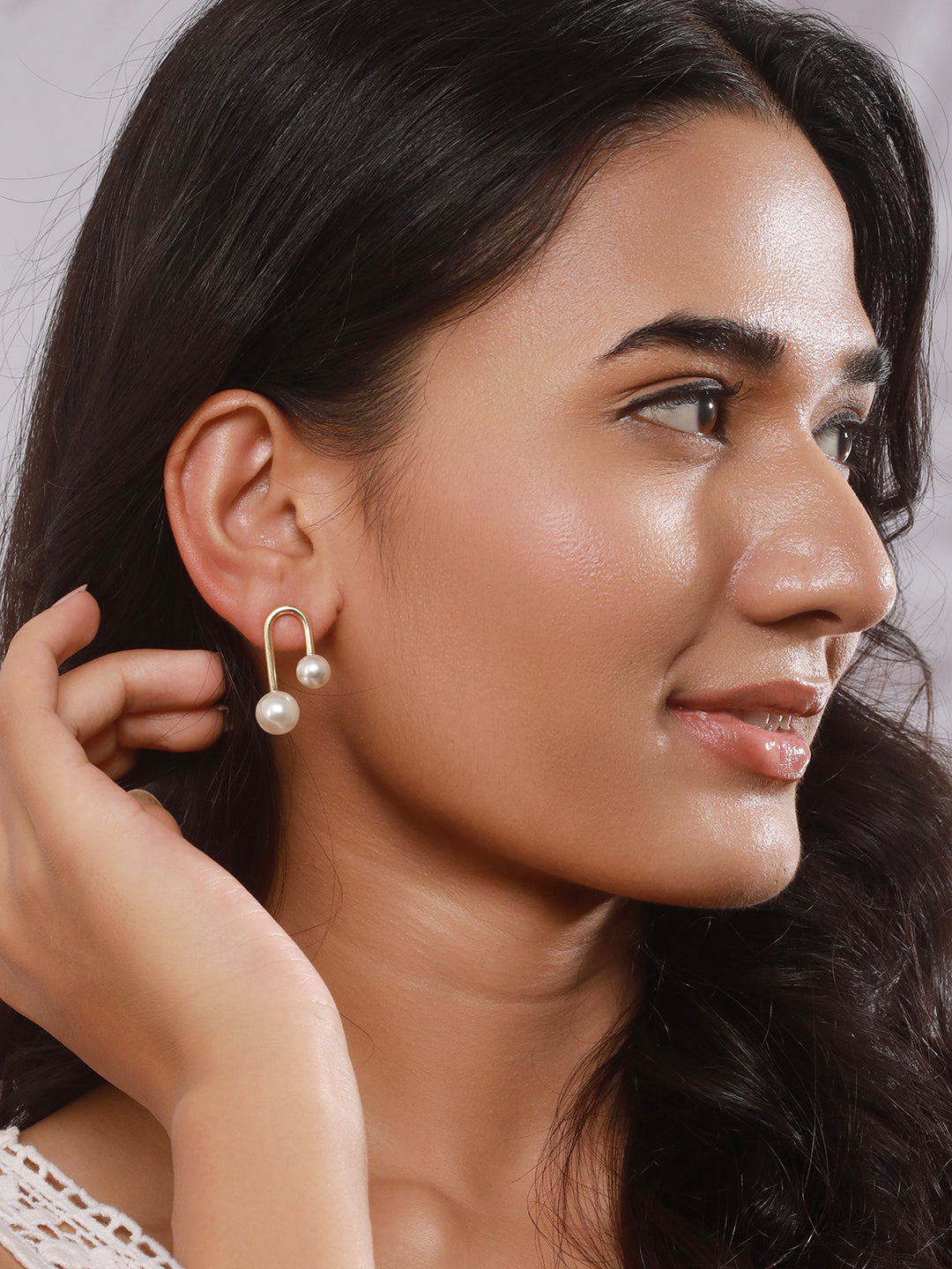 Set Of 2 Gold-Plated & Pearl Beaded Contemporary Drop Earrings