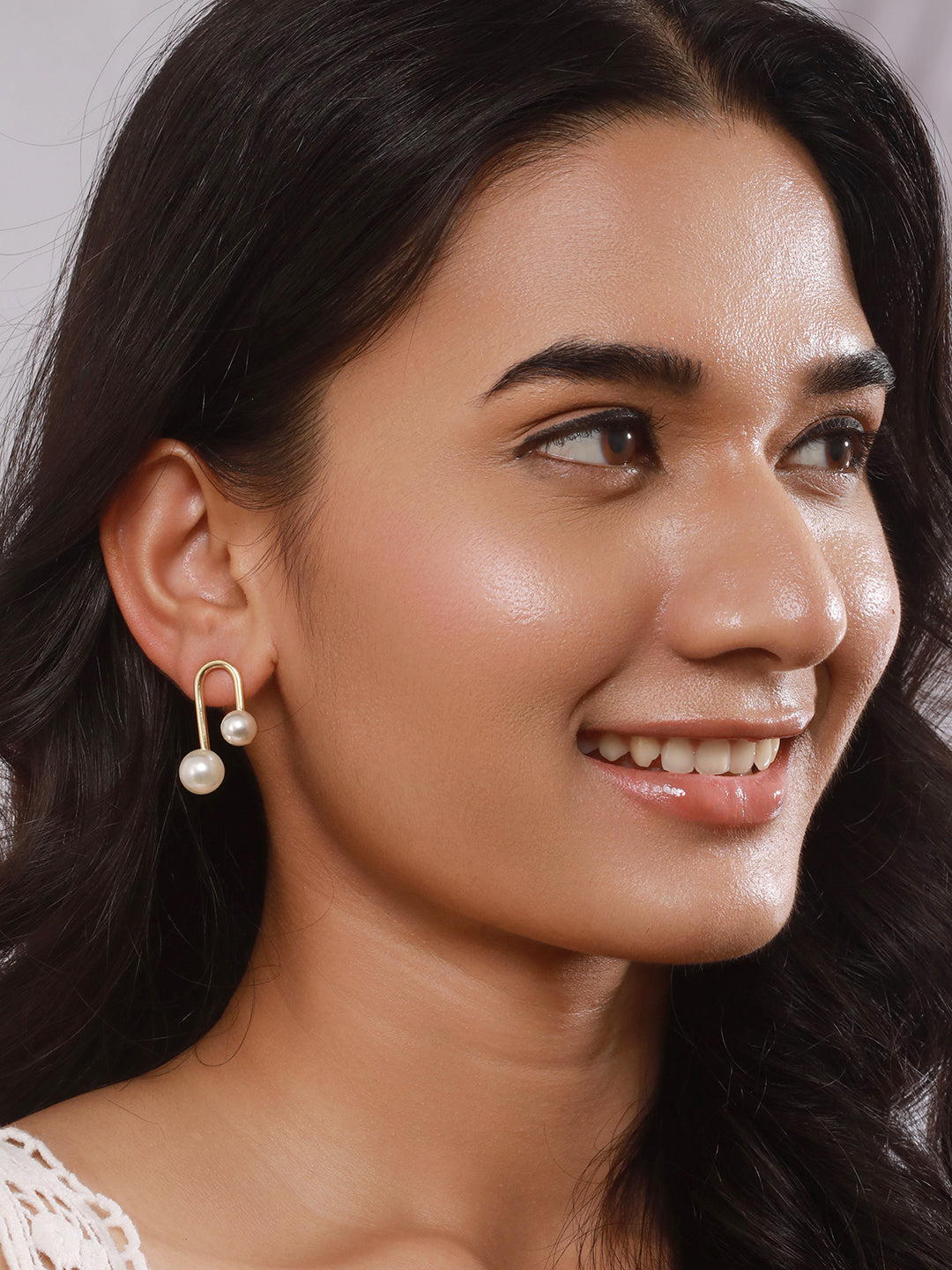 Set Of 2 Gold-Plated & Pearl Beaded Contemporary Drop Earrings