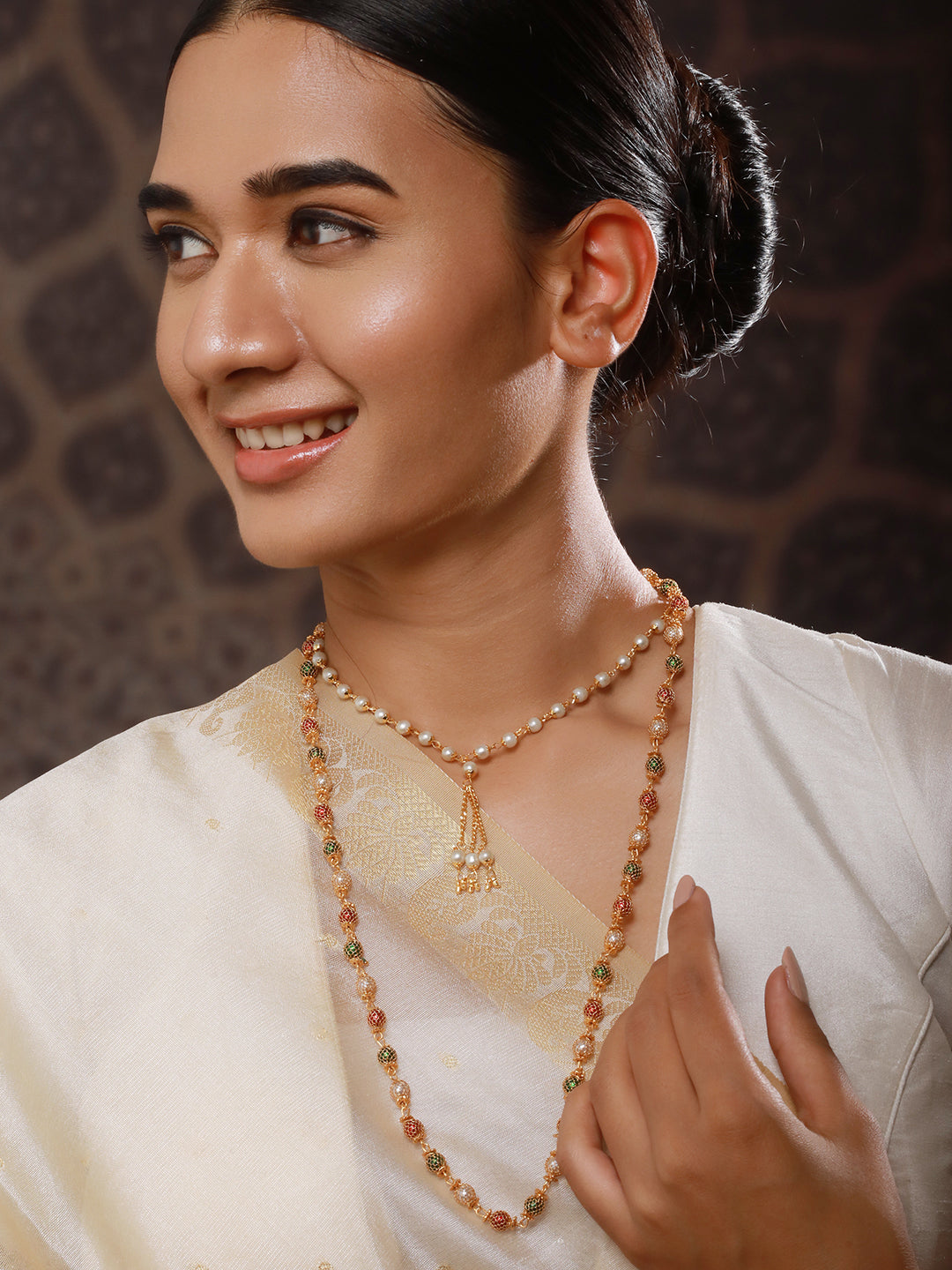 Jazz and Sizzle Brass Gold-Plated Pearls Beaded Necklace