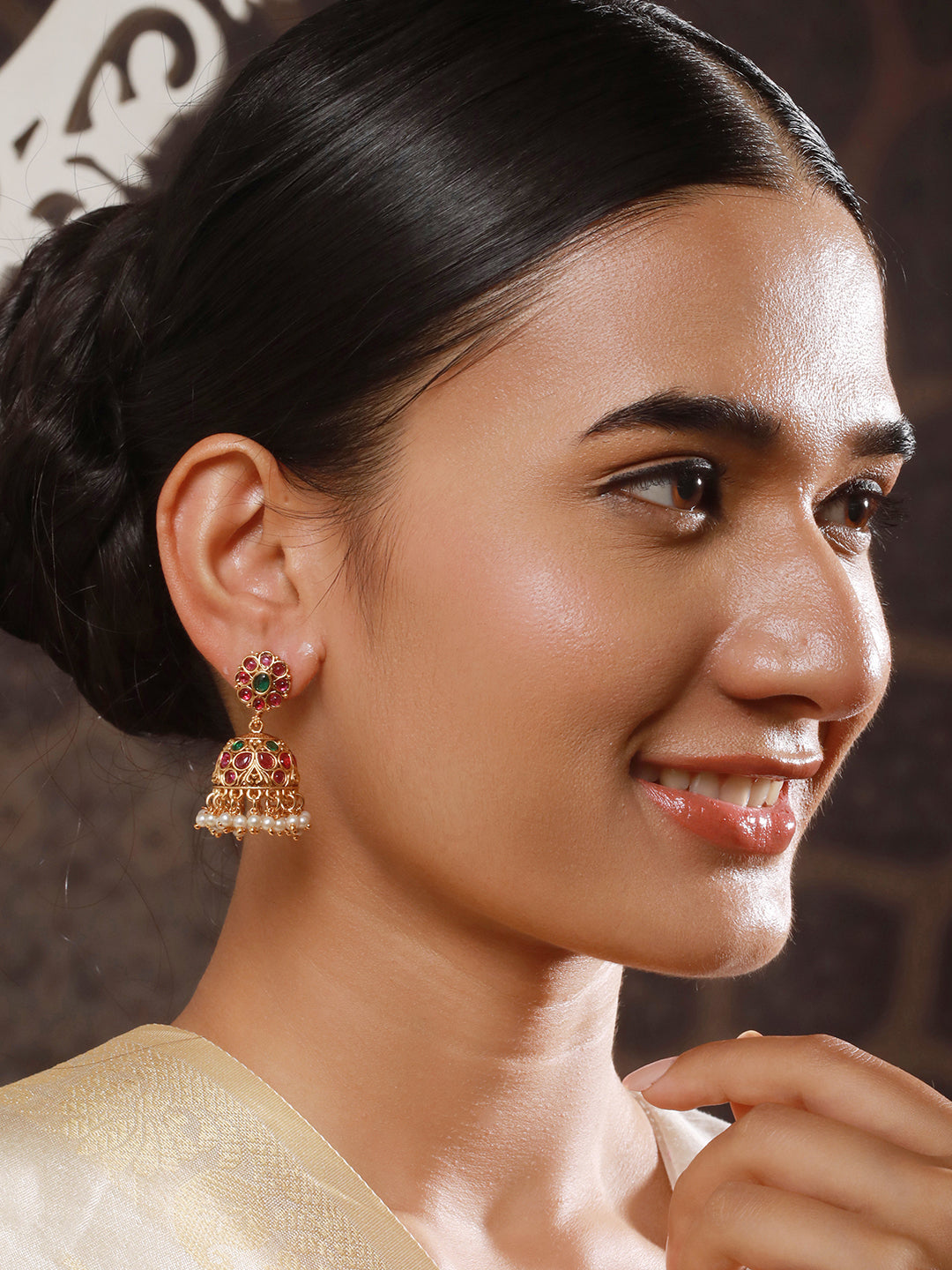 Jazz And Sizzle 24 CT Gold-Plated Ruby Stone Studded & Beaded Contemporary Dome Shaped Jhumkas Earrings