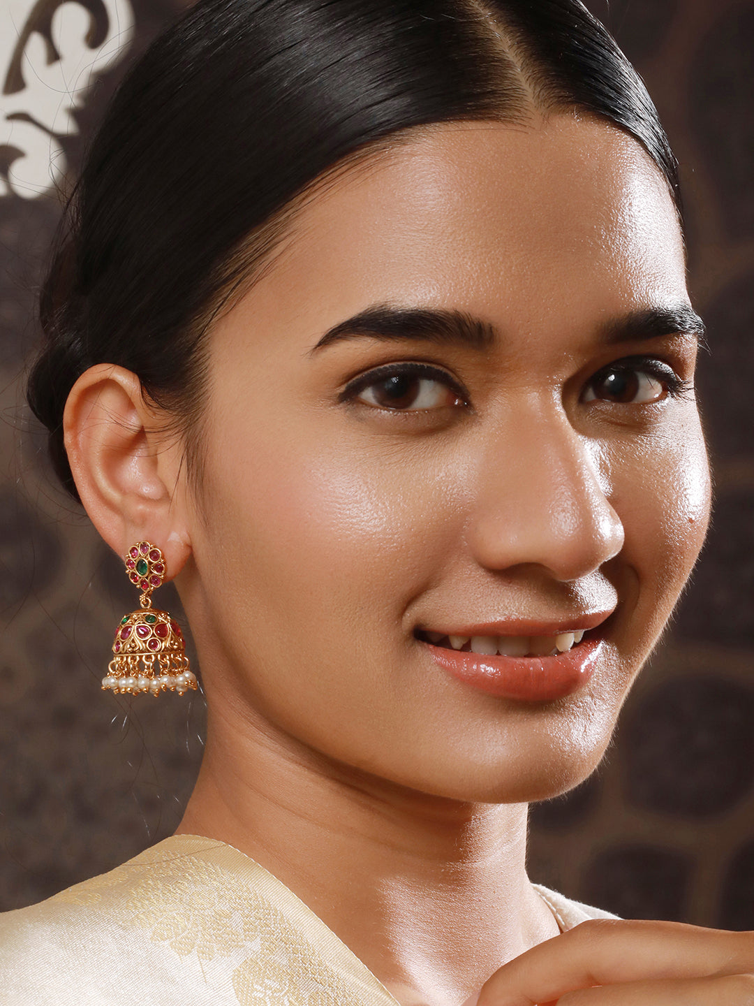 Jazz And Sizzle 24 CT Gold-Plated Ruby Stone Studded & Beaded Contemporary Dome Shaped Jhumkas Earrings