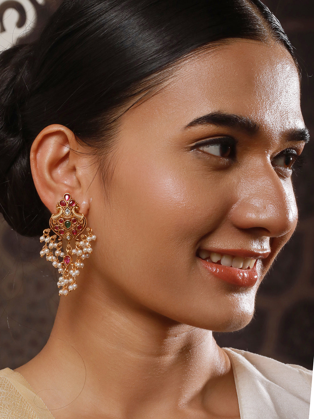 Jazz And Sizzle 22CT Gold-Plated AD Ruby Studded & Pearl Beaded Peacock Shaped Drop Earrings