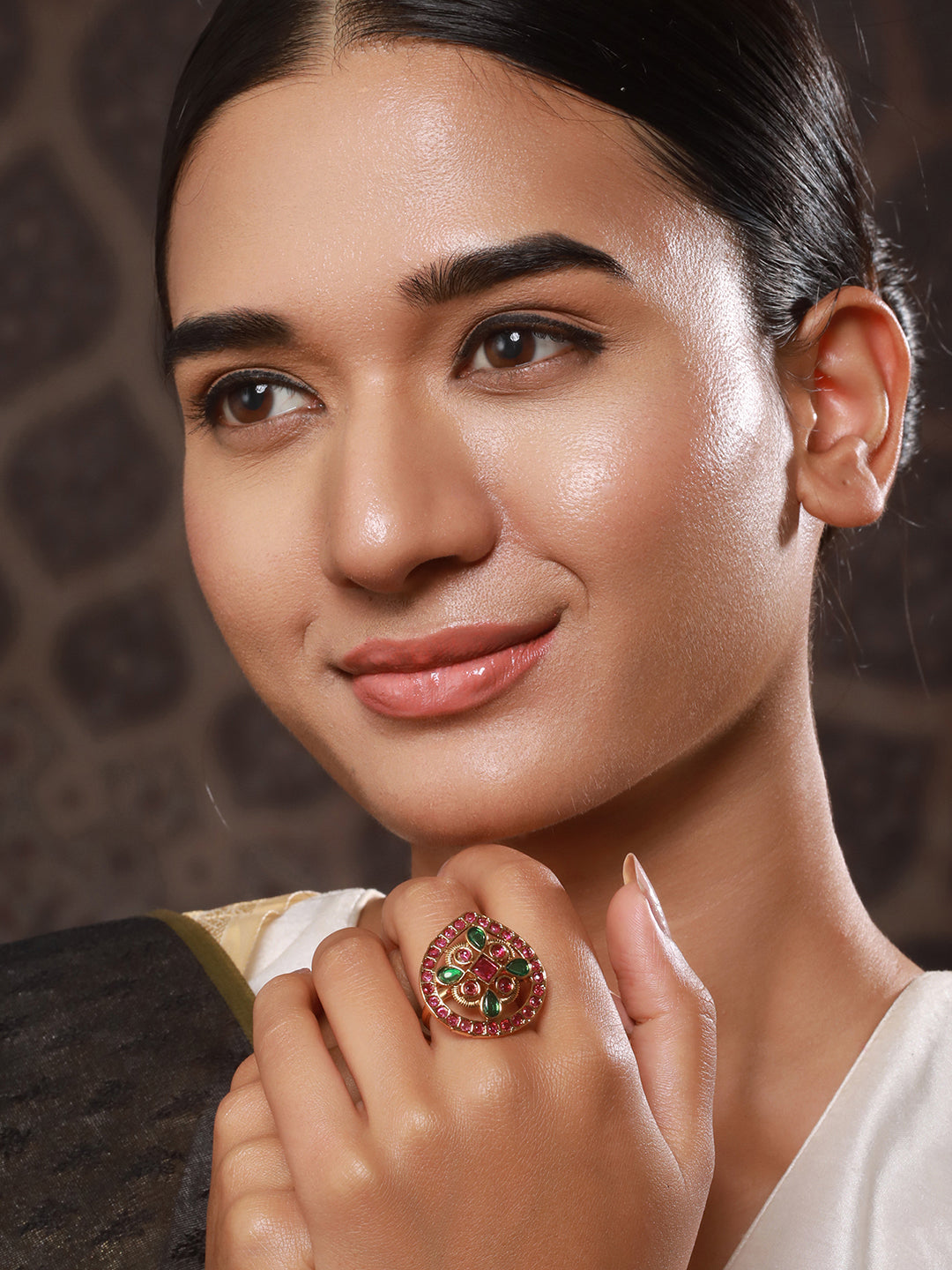 Gold-Plated Stones Studded Adjustable Finger Ring