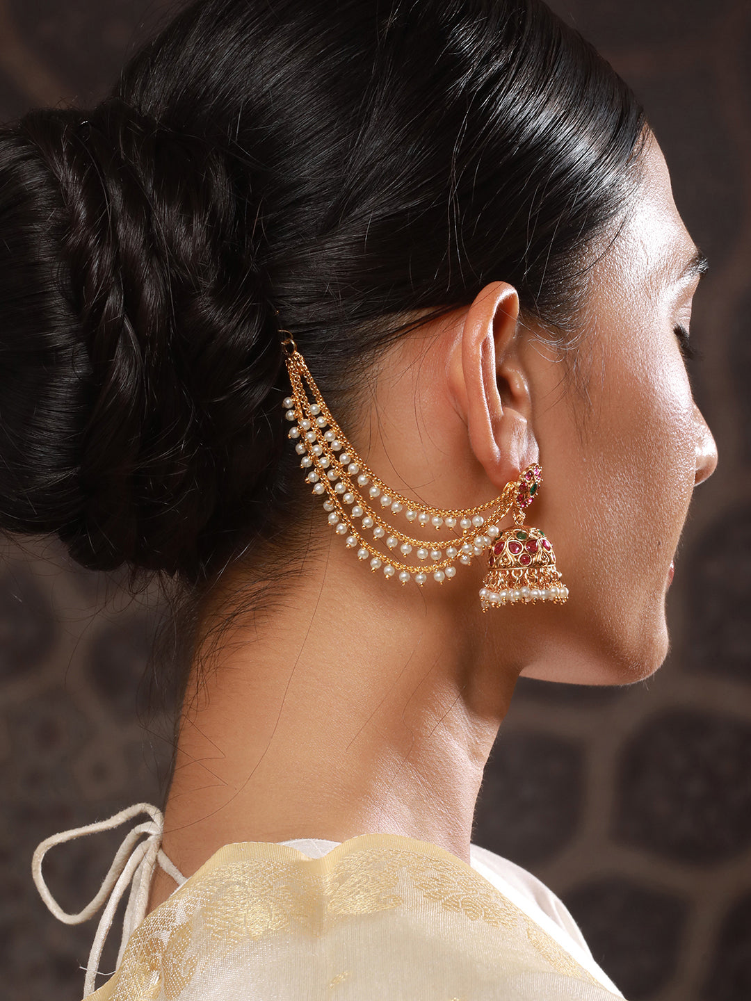 Jazz And Sizzle Gold-Plated Pearls Beaded Classic Layered Ear Chain/kaanchain