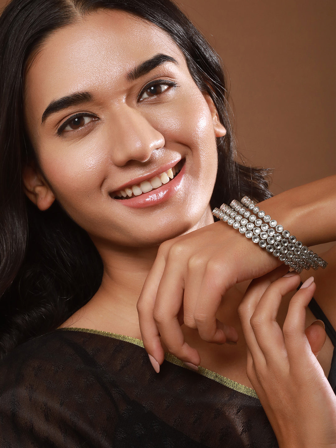 Set Of 4 Silver-Plated Stone-Studded Oxidized Bangles