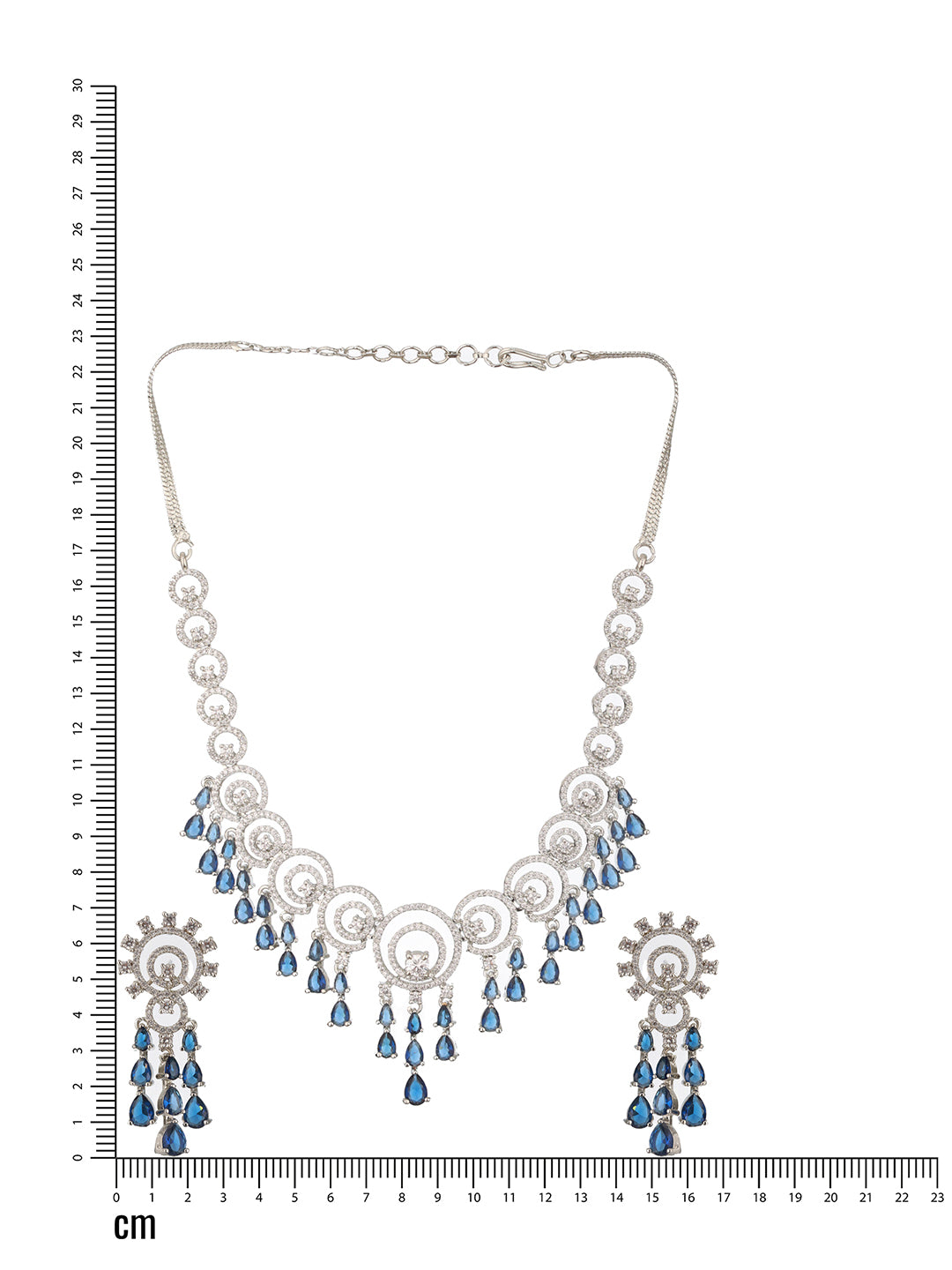 Jazz And Sizzle Rhodium-Plated Sapphire Blue American Diamond Studded Floral Contemporary Jewelry Set