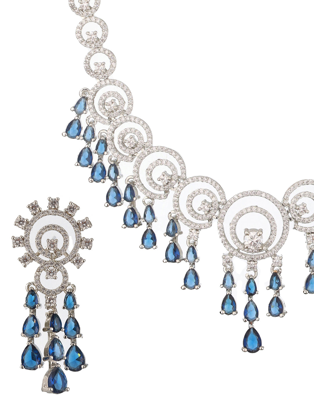 Jazz And Sizzle Rhodium-Plated Sapphire Blue American Diamond Studded Floral Contemporary Jewelry Set