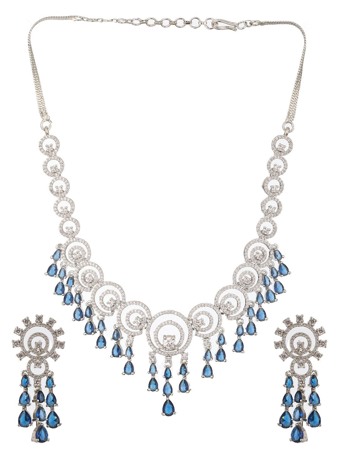 Jazz And Sizzle Rhodium-Plated Sapphire Blue American Diamond Studded Floral Contemporary Jewelry Set